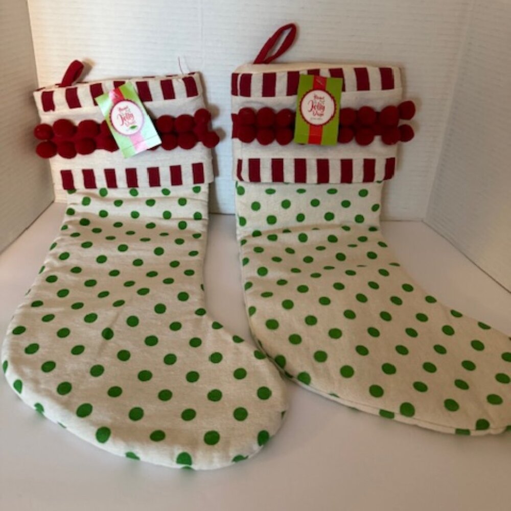 NEW 2 Kirkland Green/Red Polka Dot Christmas Stockings